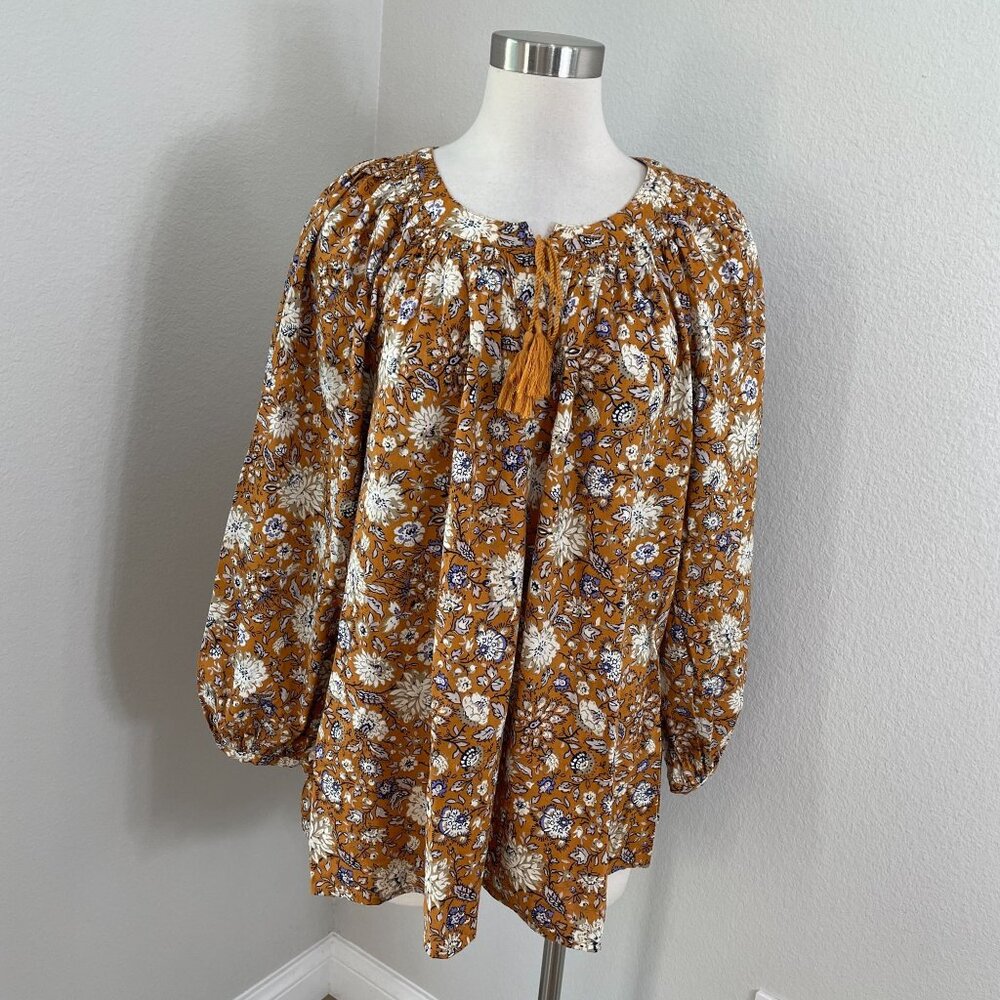 Old Navy Womens Plus XXL Floral‎ Mustard Peasant Blouse Tassel Neck Long Sleeves